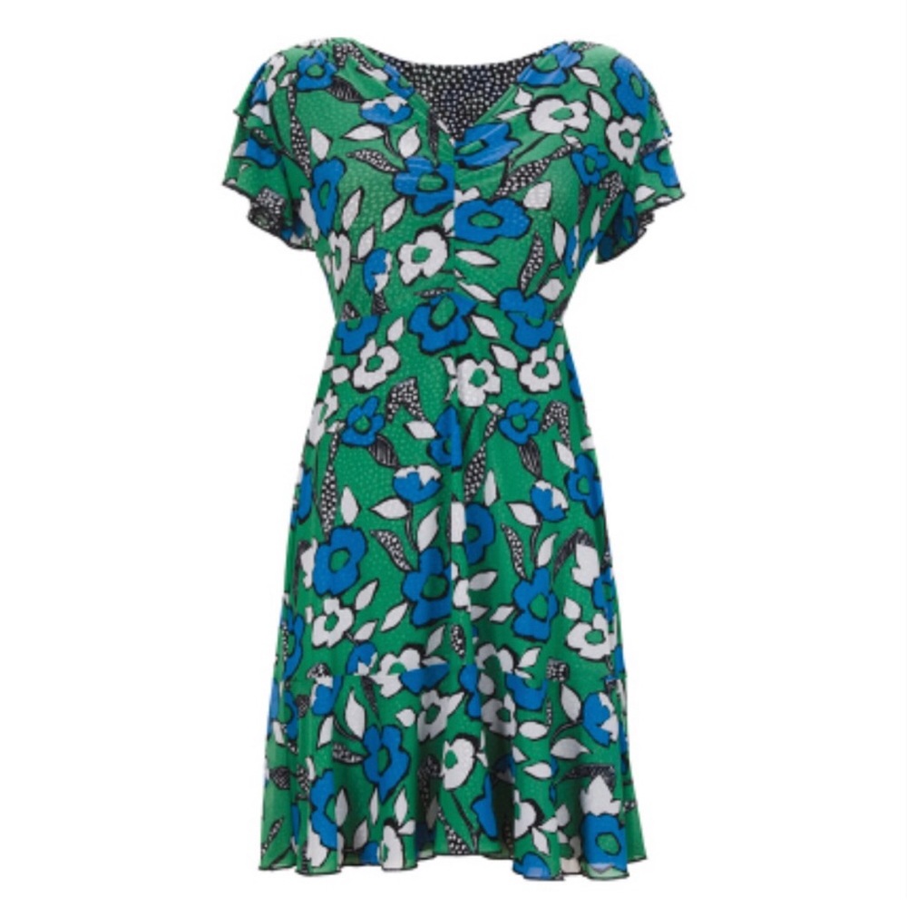 Cabi Reversible Celebration Dress Green Floral Black Polka Dot Size L Mesh